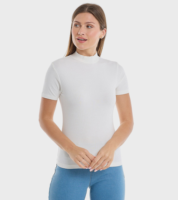 Ribbed Top with Mock Neck and Short Sleeves