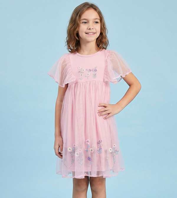 Embroidered Tulle Dress with Crew Neck and Flare Sleeves