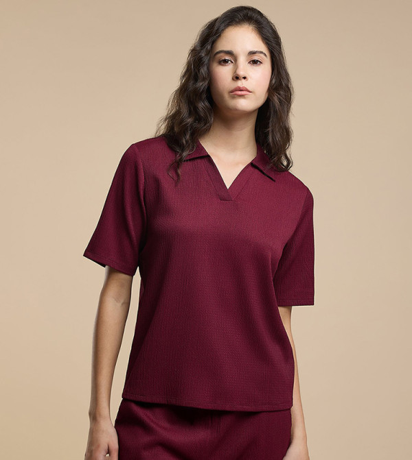 Textured Top with Collared Neck and Short Sleeves