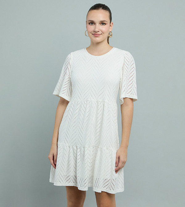 Schiffli Tiered Dress with Crew Neck and Short Sleeves