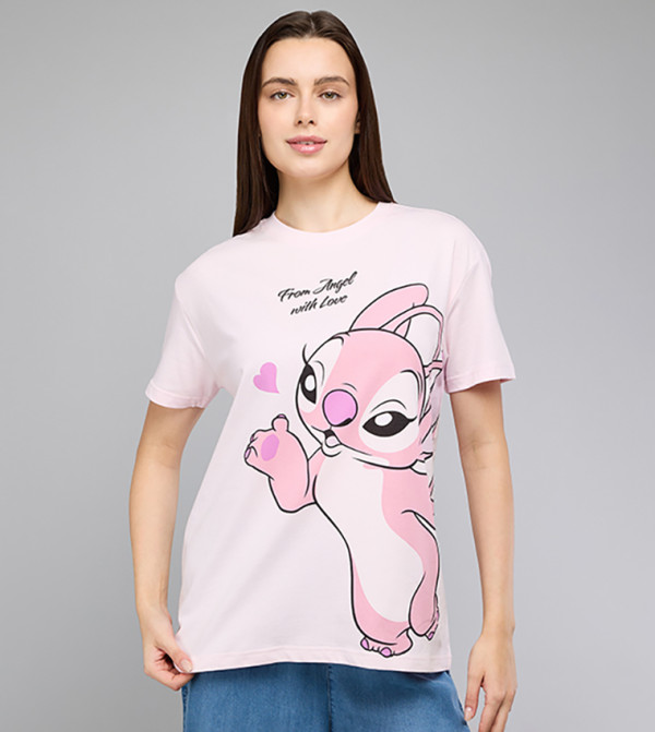 Angel Print T-Shirt with Crew Neck and Short Sleeves