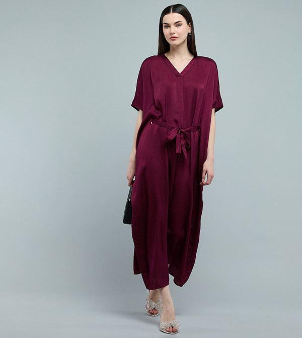 Belted Midi Dress with V-Neck and Kaftan Sleeves