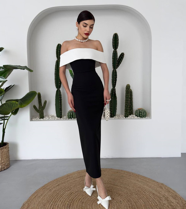 Colorblock Off Shoulder Bodycon Atlas Midi Dress