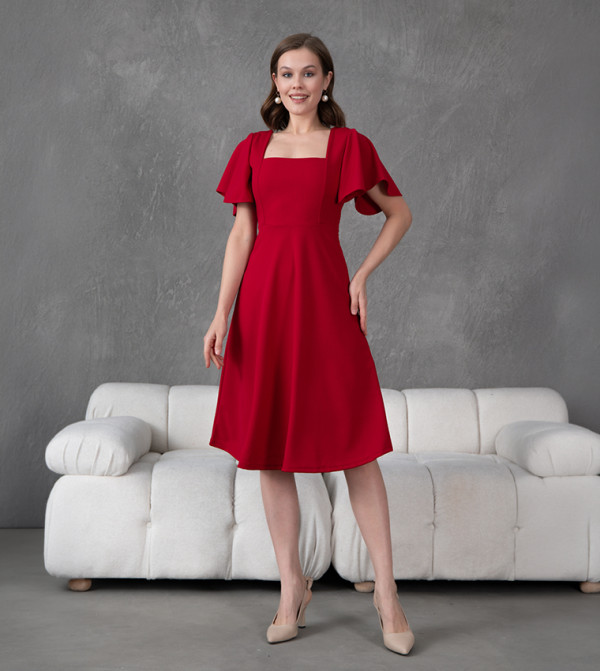 Solid Square Neck A-Line Atlas Midi Dress