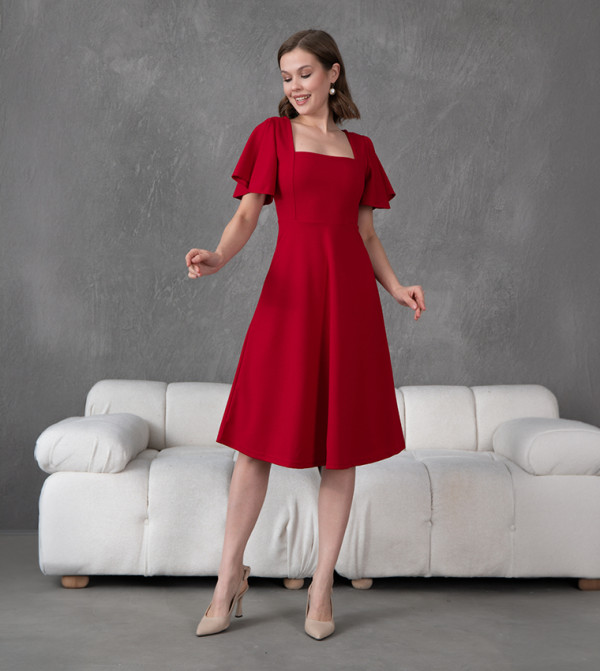Solid Square Neck A-Line Atlas Midi Dress