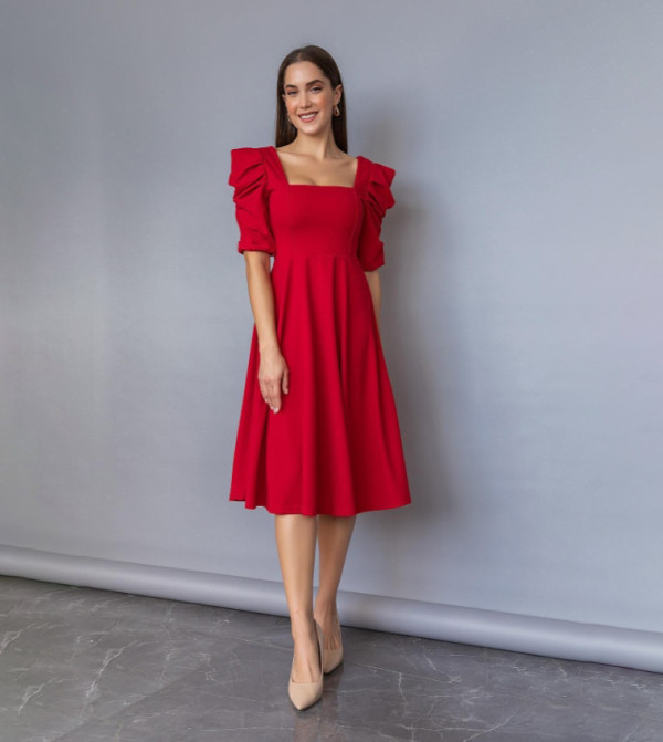 Solid Square Neck A-Line Atlas Midi Dress