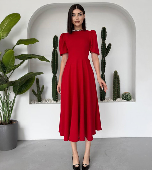 Solid Puff Sleeves Flared Atlas Midi Dress