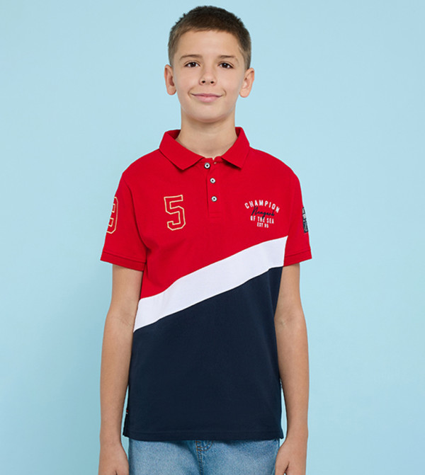 Color Block Polo T-Shirt with Short Sleeves