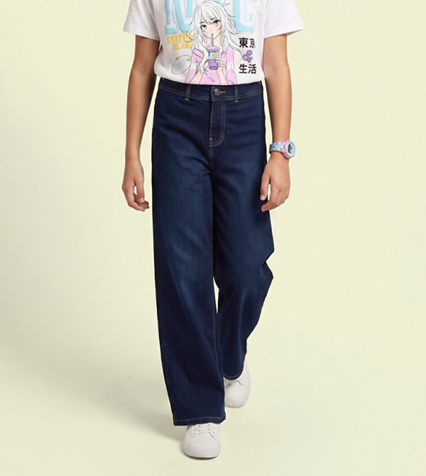 Washed Wide Leg Jeans with Button Closure