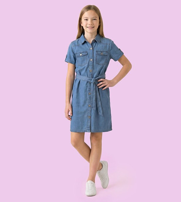 Washed Denim Shirt Dress with Short Sleeves