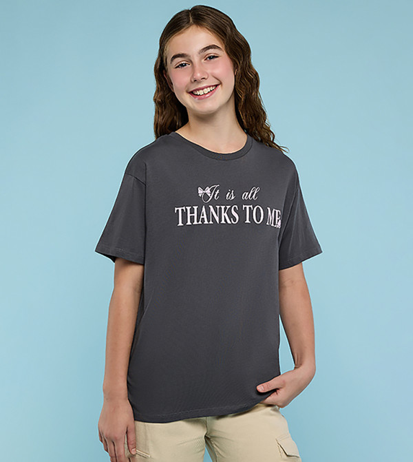 Typography Print T-Shirt with Crew Neck and Short Sleeves