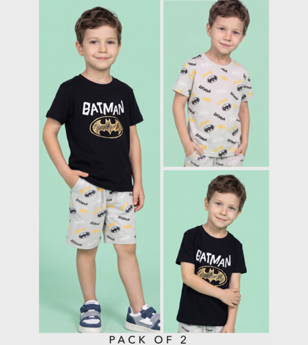 2 Pack Batman Print T-Shirts with Short Sleeves
