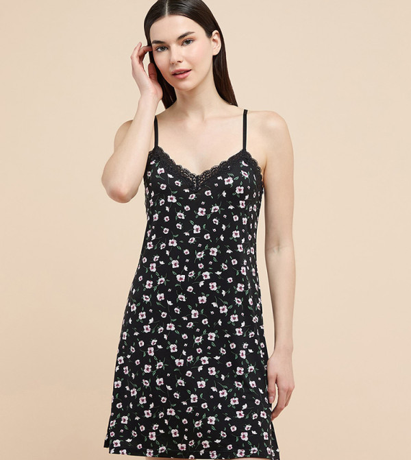 Printed Strappy Nightdress with V-Neck