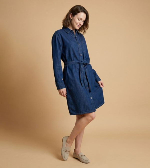 Washed Denim Shirt Dress with Long Sleeves