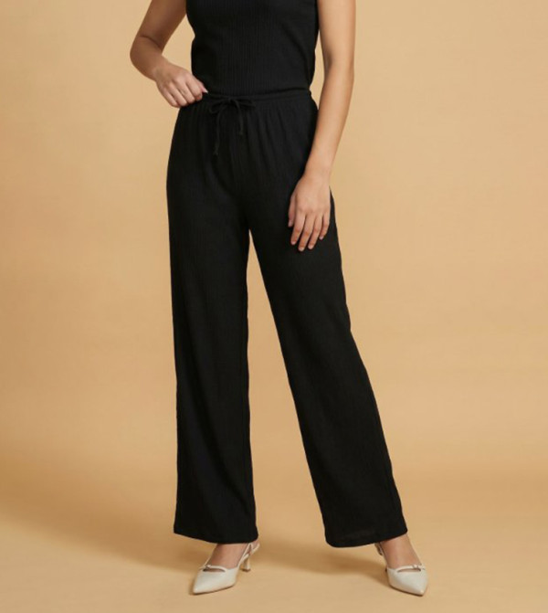Textured Wide Leg Pants with Drawstring Waist