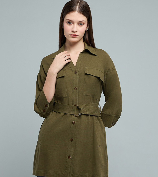 Belted Tunic with Classic Collar and 3/4 Sleeves