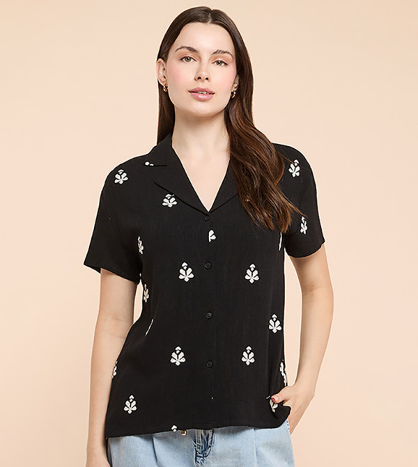 Embroidered Shirt with Revere Collar and Short Sleeves