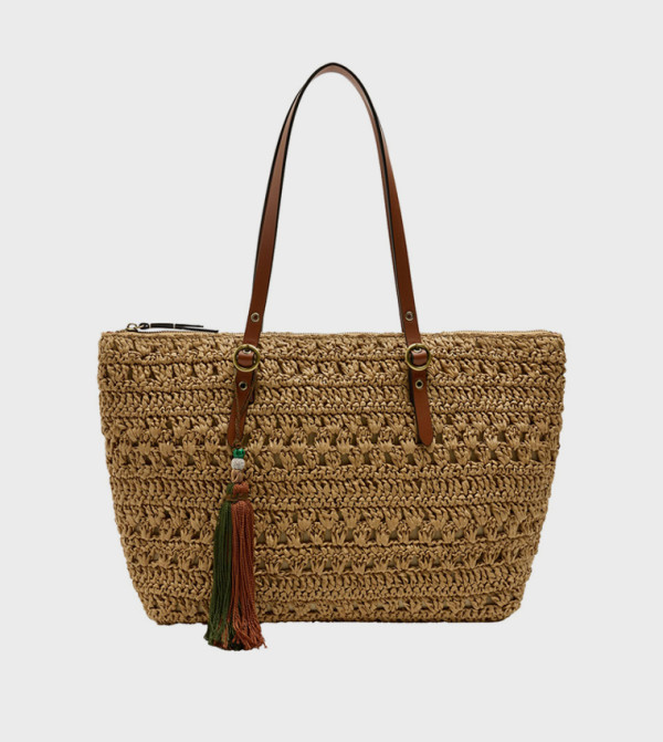 Straw Tassel Charm Zippered Shopper Bag