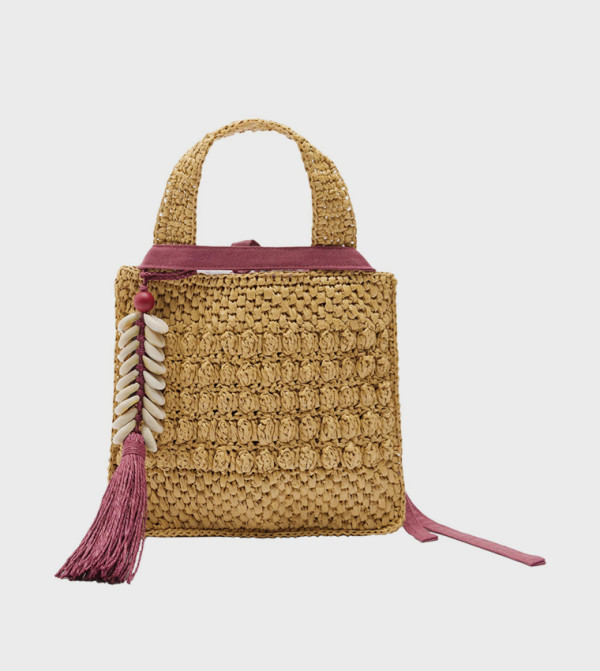 Straw Shell Charm Layered Tote Bag, S