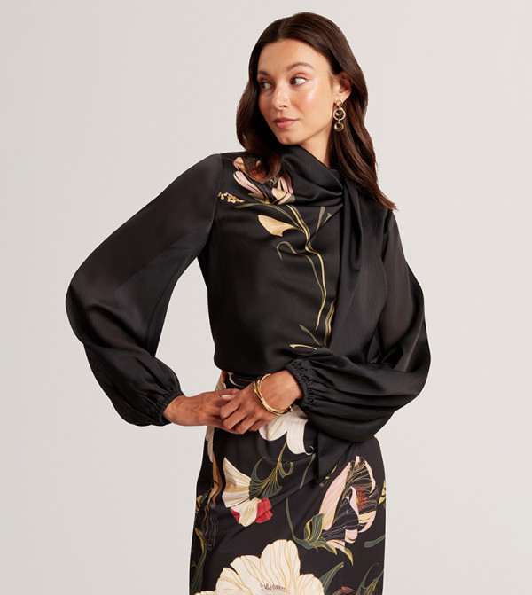 ORTUGA Floral Printed Tie-Up Neck Long Sleeve Top