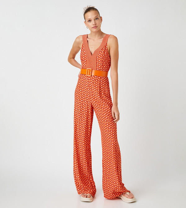 Geometric V-Neck Sleeveless Jumpsuit