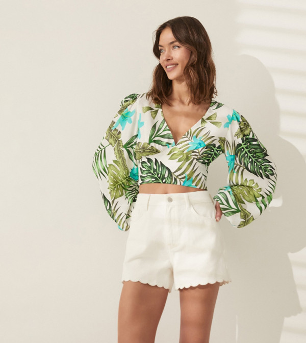 Tropical V Neck Balloon Sleeves Cropped Top