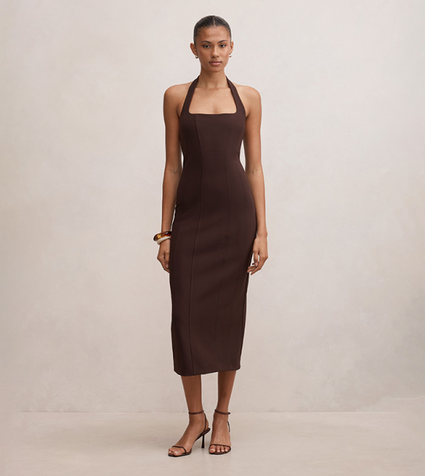 GINA Solid Halterneck Bodycon Midi Dress