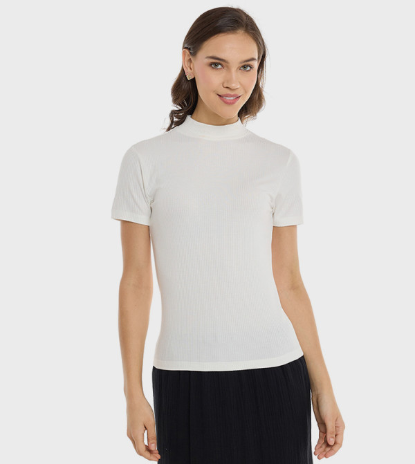 Ribbed Top with High Neck and Short Sleeves
