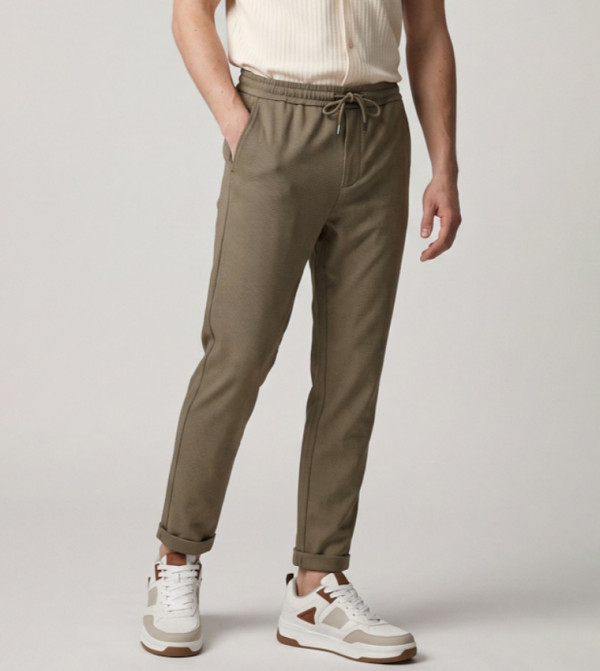Textured Slim Fit Pants with Drawstring Waist