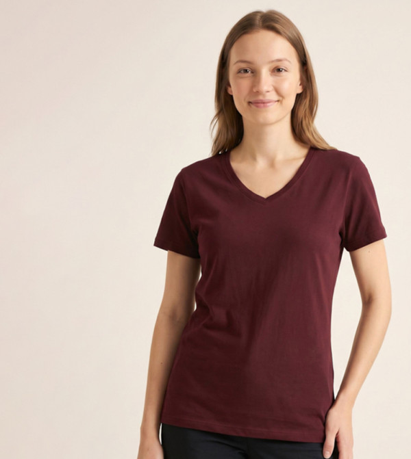 Solid T-Shirt with V-Neck and Short Sleeves