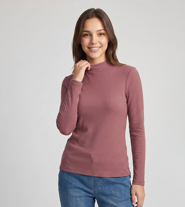 Ribbed Top with High Neck and Long Sleeves