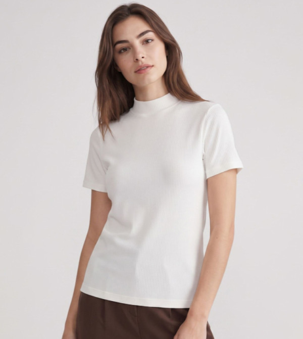 Ribbed Top with Mock Neck and Short Sleeves