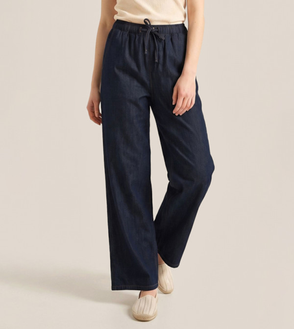 Washed Denim Wide Leg Pants with Drawstring Waist