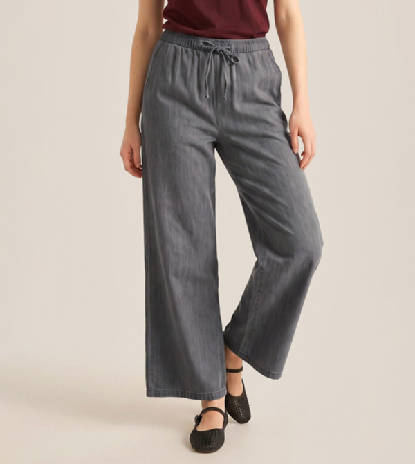 Washed Denim Wide Leg Pants with Drawstring Waist