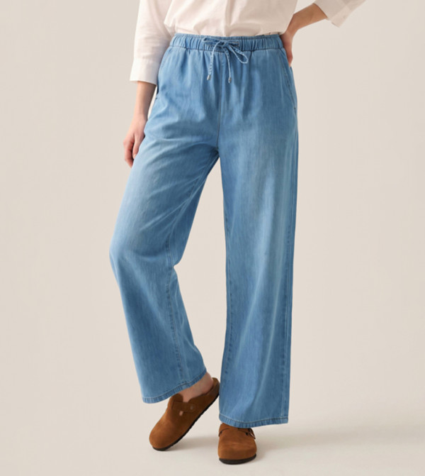 Washed Denim Wide Leg Pants with Drawstring Waist