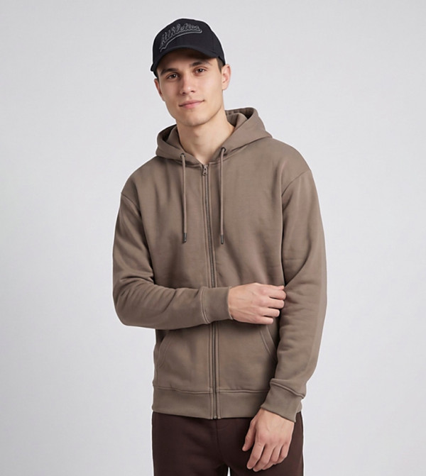 Solid Hooded Jacket with Zipper Closure