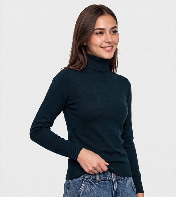 Solid Sweater with High Neck and Long Sleeves