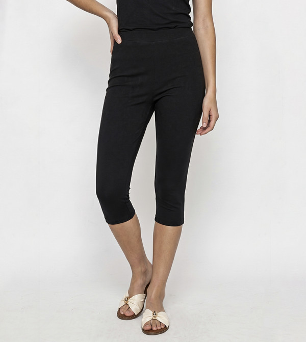 Solid 3/4 Leggings with Elastic Waist