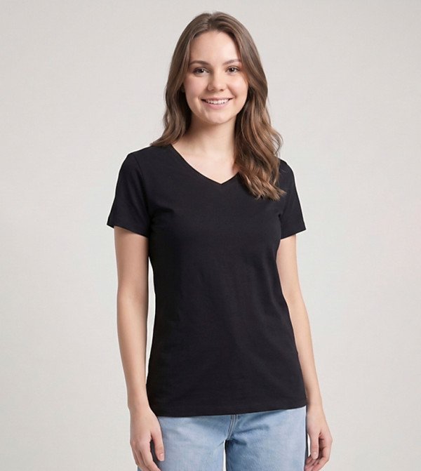 Solid T-Shirt with V-Neck and Short Sleeves