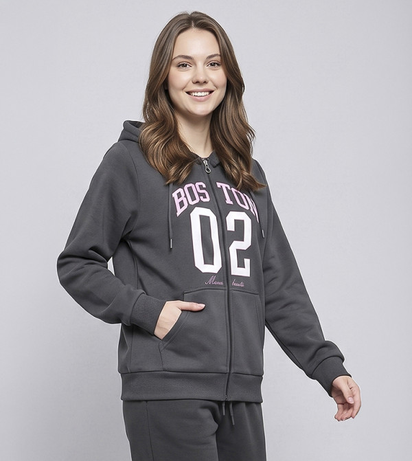 Typography Print Hooded Jacket with Zipper Closure
