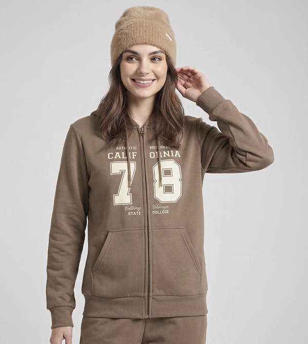 Typography Hooded Jacket with Zipper Closure