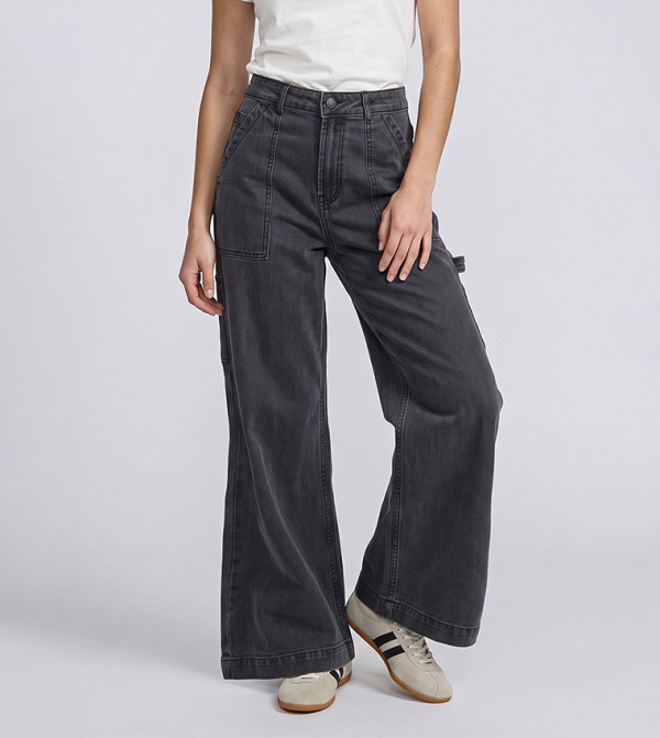 Washed Carpenter Fit Jeans with Button Closure