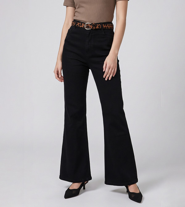 Washed Button Closure Flared Jeans