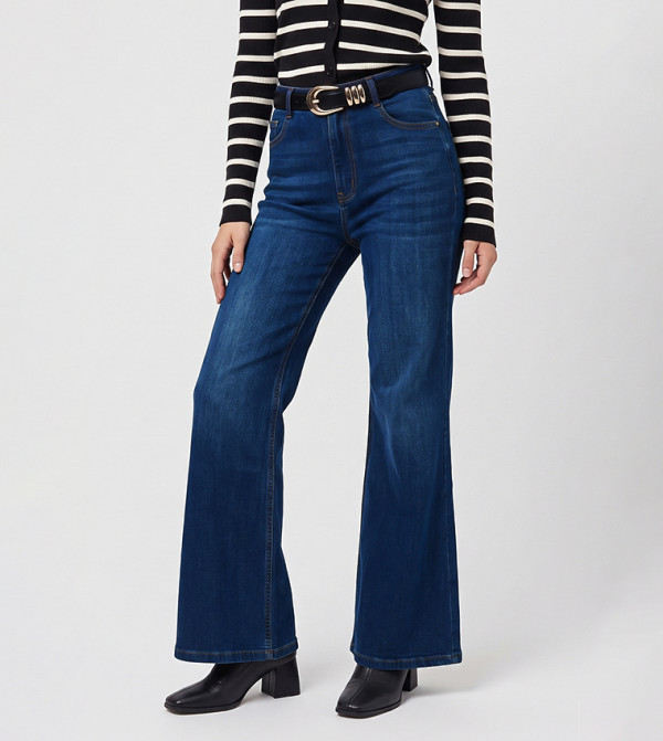 Faded Button Closure Flared Jeans