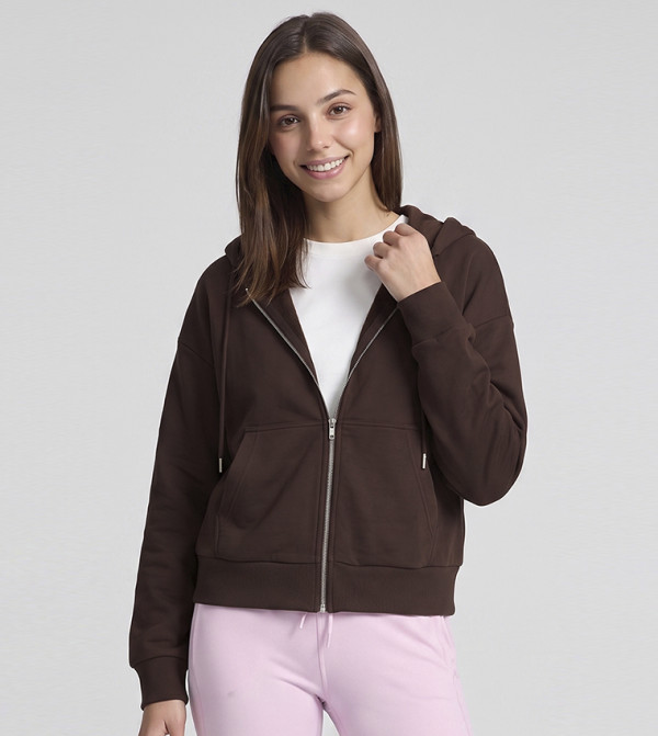 Solid Hooded Jacket with Zipper Closure