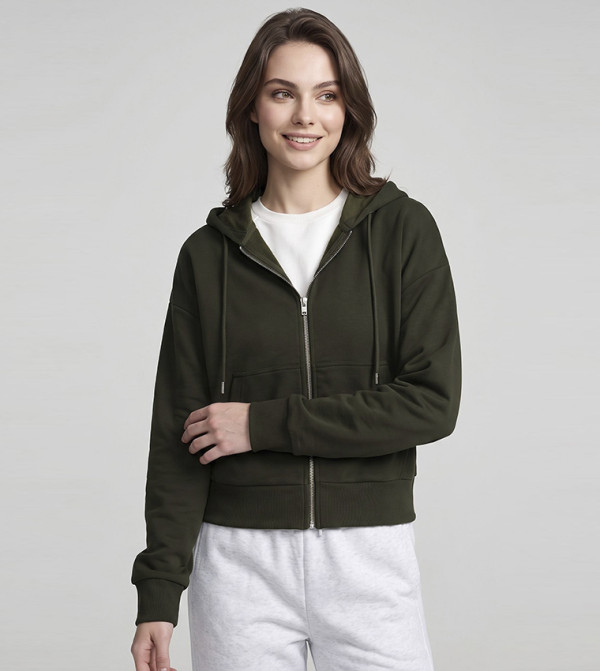 Solid Hooded Jacket with Zipper Closure