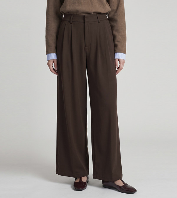 Solid Pleated Trousers with Button Closure