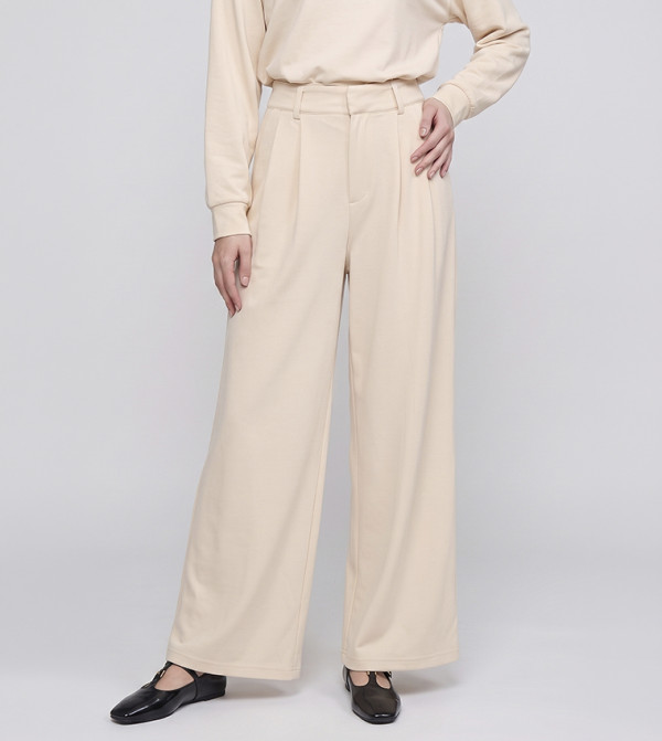 Pleat Detail Wide Leg Pants with Button Closure