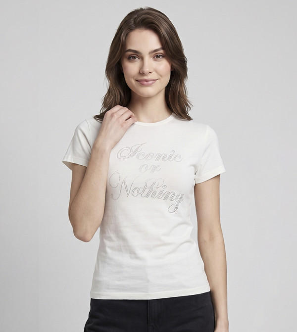 Embellished Slim Fit T-Shirt with Crew Neck and Short Sleeves