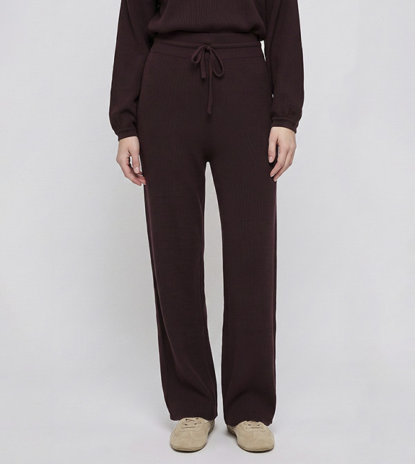 Ribbed Wide Leg Pants with Drawstring Waist